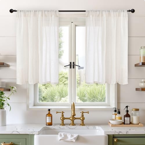 Image of BGment Ivory Linen Cafe Curtains 36 Inch Length for Over Sink - Short Light Filtering Drapes with Rod Pocket Semi Sheer Lightweight for Bathroom Kitchen Window, 2 Panels Set, 42 X 36 Inch