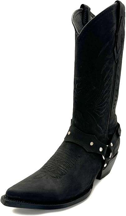 Womens Genuine Black Leather Dress Cowboy Western Boots Embroidered Shaft Removable Harness Pointed Snip Toe Pull-On 1 75
