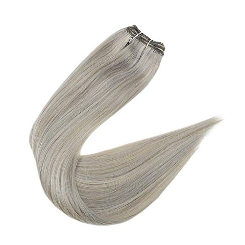 Weft Bundles (Color 19P60 Gray Blonde Mix Platinum Blonde,100g,14 Inch) Double Weft Human Hair Weave Weft Extensions