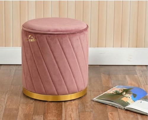 Image of Luxury Velvet Ottoman Stool for Living Room & Bedroom | Premium Round Pouffe with Gold Metal Base | Modern Footrest, Extra Seating & Home Decor (Pink)