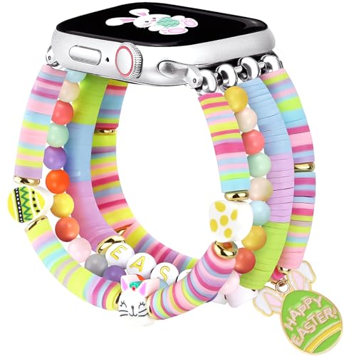 Bracelet perles Apple Watch 44mm 45mm extensible fait main style œufs de Pâques pour femme iWatch