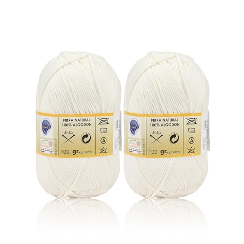 Pack de 2 Ovillos de Algodón Premium – Hilo de Algodón para Tejer a Crochet 100% Natural, 100g y 220m - Ideal para Tejido y Ganchillo (Crudo)