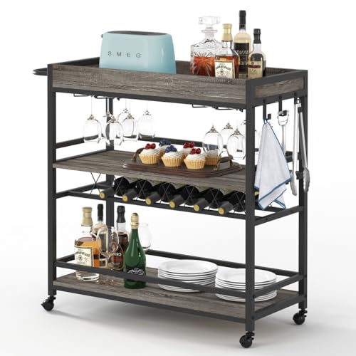 BON AUGURE Bar Cart, Home Bar Serving Cart on Wheels, Mobile 3 Tier Liquor Beverage Carts with Wine Rack and Glass Holder (Grey Oak)