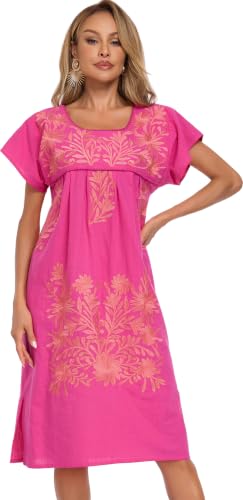Image of YZXDORWJ Women Mexican Embroidered Long Dress Ruffle Collar Maxi Boho Floral Summer Short Sleeve