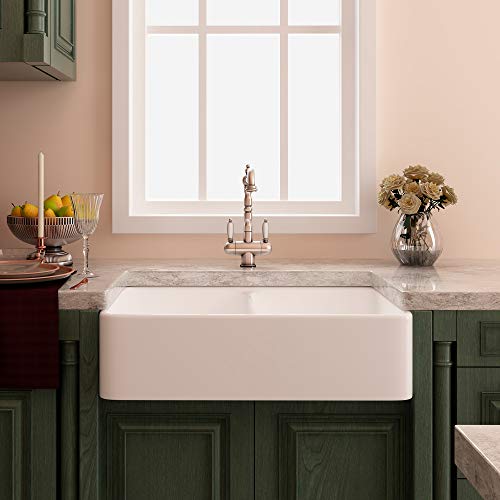 32 Inch White Ceramic Kitchen Sink, Rectangular Double Bowl, Flush Mount kitchen Sink with Overflow, 32-1/4 x 24 x 8 inch