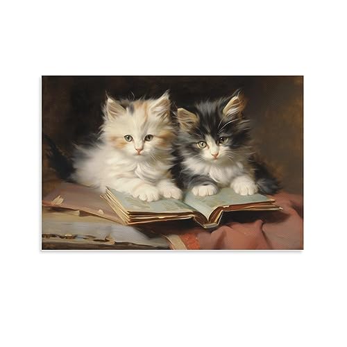 Poster mural en toile avec chat et livre - Décoration murale vintage - Motif chaton mignon - Décoration murale pour dortoir
