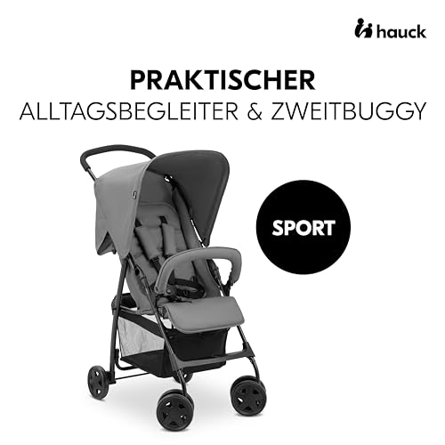 hauck Buggy Sport, Grey - lekki jak piórko wózek podróżny, 5,9 kg, z funkcją leżenia dla dzieci od urodzenia do 15 kg, mały, składany, duży kosz na zakupy do 3 kg