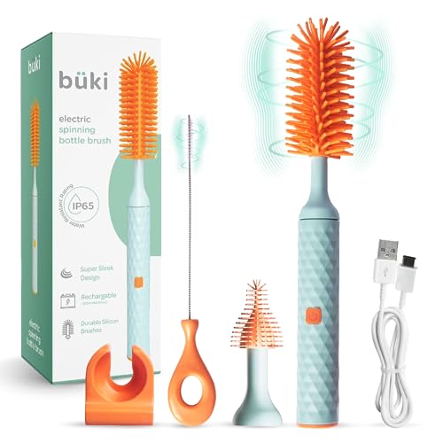Image of Büki Electric Baby Bottle Cleaning Brush Set - Rechargeable Electric Bottle Brush with Straw Cleaner - Water Bottle Cleaning Kit, Nipple Brush, 1200mAh Brush Cleaner (by Kindersense)