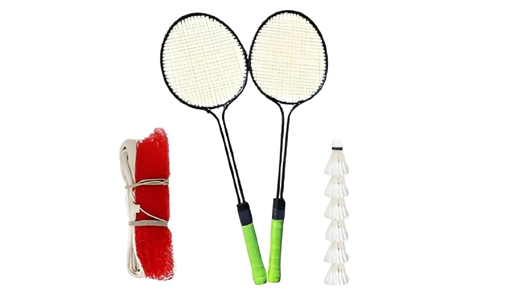 professional badminton racquet set with 2 rackets, 6 feather shuttlecocks, net, complete indoor outdoor game kit