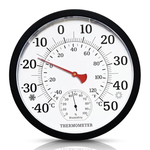 Tarqite Termómetro higrómetro analógico 2 en 1, termómetro interior y exterior, estación meteorológica sin batería, analógico, con números grandes legibles para casa, invernaderos, jardines, 25 cm de