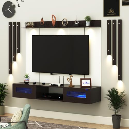 Image of Anikaa OriloPro Engineered Wood Wall Mount TV Unit with PVC Back Panel, Acrylic Blue LED Storage Box, Side Wooden Accent Spot Light Panels I Deal for Up to 50 Inch TV (Wenge - DIY Installation)
