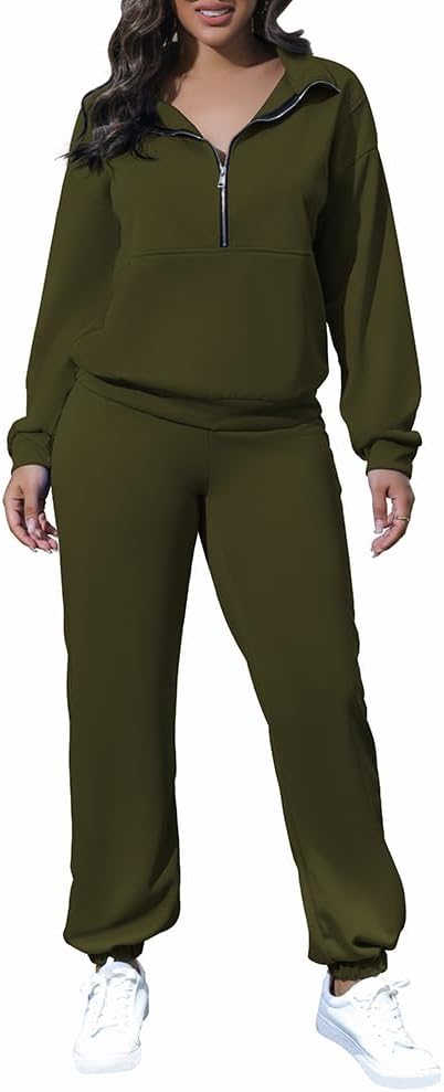 HBQ Women's 2 Piece Outfit Sweatsuit Half Zip Sweatshirt And Joggers Sweatpants Tracksuit Lounge Set Army Green Small