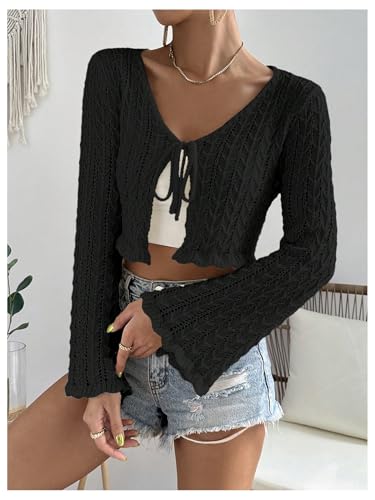 Floerns Women's Scallop Trim Trumpet Long Sleeve Tie Front Cardigan Crop Top4