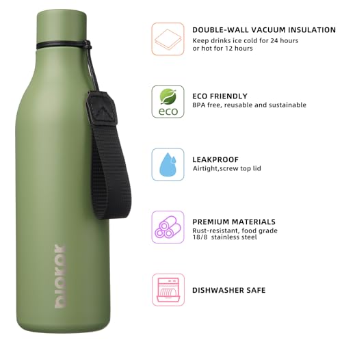 Image of BJPKPK Insulated Water Bottles, 25 oz Stainless Steel Metal Water Bottle with Strap, BPA Free Leak Proof Jugs, Mugs, Flasks, Reusable Thermal Flasks for Sports & Travel, Forest Green