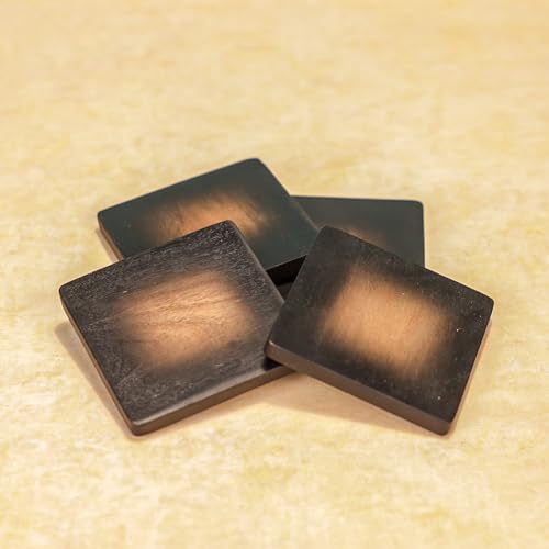 Image of Ireka Home Handmade Tamra Wooden Coasters (Set of 4) - Acacia Wood with Bold Black Vignette Design - Coffee Table Decor, Cup Coaster for Kitchen, Coffee Cups, Mugs & Glasses