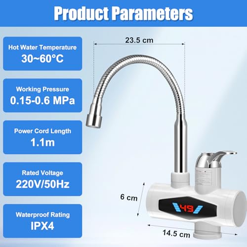 comeder Elektrischer Wasserhahn mit Durchlauferhitzer, 220V 3000W Warmwasserhahn Küchenarmatur, Smart Heater Armatur mit Sofortiger Warmwasserbereiter für Küche, Garten, Bad, Wohwagen, Camping