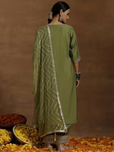 Image of Libas Embroidered Silk Blend Straight Kurta with Salwar and Dupatta