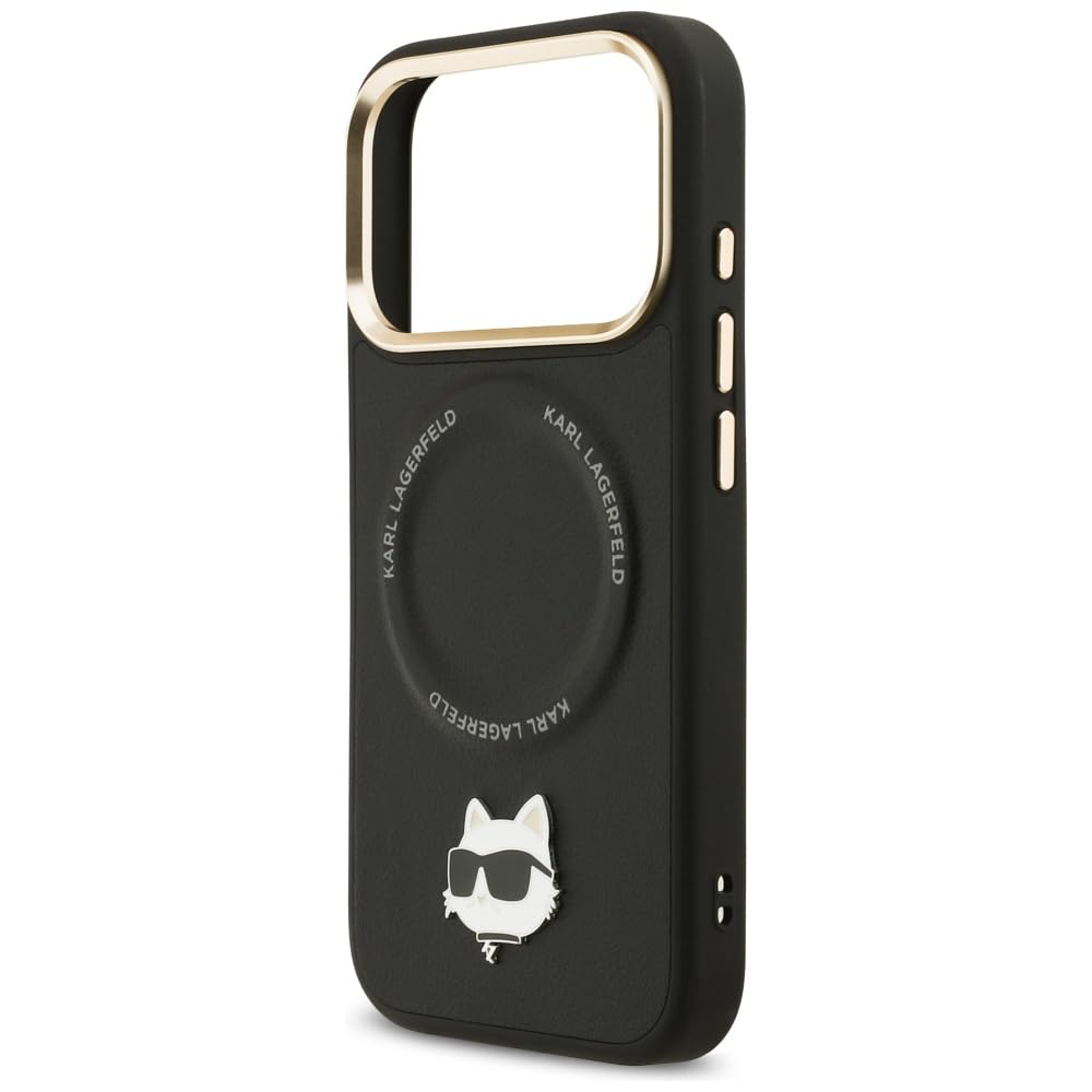 CG MOBILE Karl Lagerfeld duży pasek Choupette metalowe logo kompatybilne z MagSafe etui do iPhone 17 Pro Max (czarne)