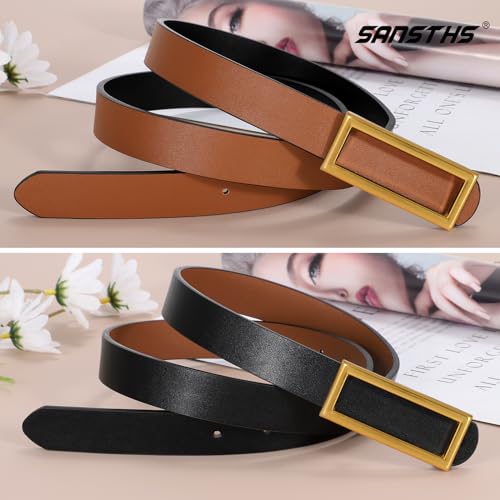 SANSTHS Skinny Reversible Belts for Women, Two-in-one Women Thin Belt for Dresses Jeans Pants with Gold Buckle