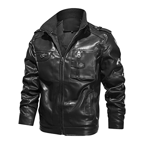 HJCC Herren Frühling Und Herbst Warme Kunstlederjacke Lässige Slim Fit Übergangsjacken PU Lederjacke Mit Mehreren Taschen,Schwarz,7XL Cover