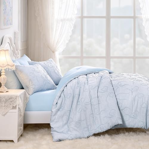 Image of Andency Full Size Cute Comforter Set, 3 Pieces Light Blue Boho Tufted Bedding Set, 3D Puffy Bow Comforters for All Seasons (1 Comforter, 2 Pillow Shams), 79 inchx90 inch, Light Blue