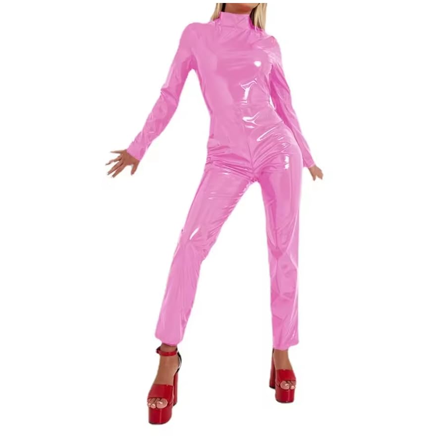 Wysoki dekolt sztuczny lateks wygląd kombinezon z długim rękawem kobiety bodycon PVC rozciągliwe skórzane pajacyki odzież klubowa personalizacja