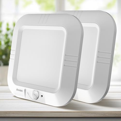ANOTEK Motion Sensor Ceiling Light Battery Operated 180LM 6000K Battery Closet Lights Motion Sensor 48LED Wireless Ceiling Light Motion Activated for Pantry Cabinets Shed Cool White 2-Pack