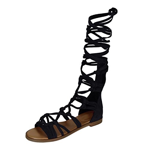 Chouette Femme Ete Sandales Spartiates Plat Chaussure Casual Plage Club Party Bal (38.5EU, Noir)