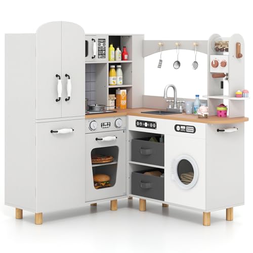 DREAMADE Kinderküche Holz mit Kühlschrank, Kaffeemaschine, Waschmaschine, 2 Stoffkörben & 12 Zubehörteile, Kinder Holzküche mit Licht & Sound, Spielküche für Jungen und Mädchen ab 3 Jahren (Grau)