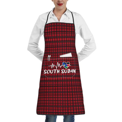 nopicsn South Sudan Heartbeat Apron for cooking with Pockets Women Men Kitchen Chef Funny Aprons