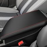 AOMSAZTO Console Covers for 2019-2025 Vw Jetta Armrest Covers for Volkswagen Jetta Leather Black with Red Siches