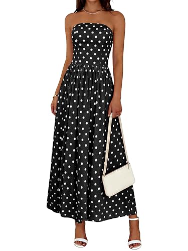 Wenrine Womens Polka Dot Strapless Dress Summer Smocked Tube Top Casual Sleeveless Swing Flowy Maxi Dresses with Pockets