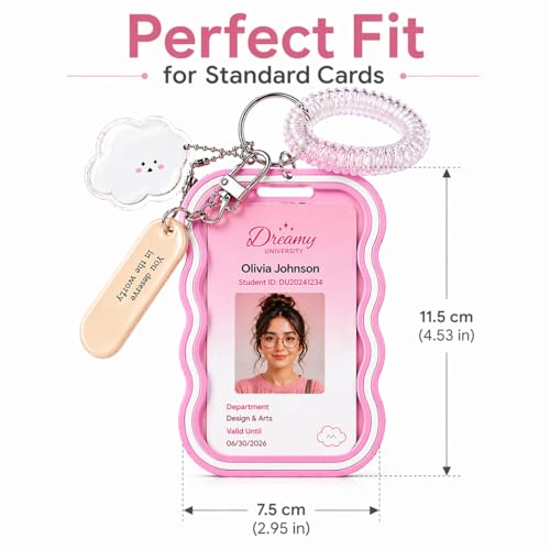 Image of Street27 Cloud Shape Photo Card Holder with Keychain Pendant | Transparent ID Badge Case with Wrist Strap | Silicone Protective Card Cover for Office, School & Travel (Pink)