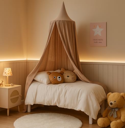 ALAVYA HOME® Betthimmel Baldachin Babybett Kinderzimmer – 100% Bio-Baumwolle Musselin, GOTS-Zertifiziert, Vintage Himmelbett, Moskitonetz & Insektenschutz, Saumlänge ca. 250 cm, Kuschelecke – Braun