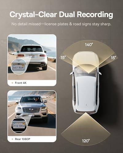 Baseus VD1 Pro Solar Dash Cam Front and Rear, 4K+1080P Dash Camera for Cars, Battery Powered Parking Mode, Starvis Night Vision, 32 GB Card Included, 5GHz WiFi, GPS, Wide Angle,Voice Control