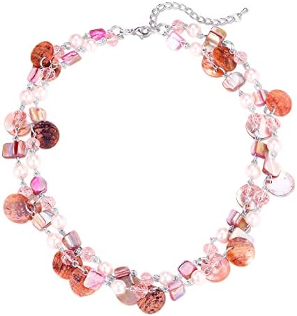 FULU AUTUMN Short Shell Beaded Layered Necklace Silver Pearl Chunky Statement Necklace Turquoise Costume Jewellery for Women Mothers Day Gift