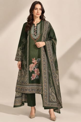 Image of WOOL'S KART|Women's Floral Printed Straight Kurta with Trousers & Dupatta Set | 3-Piece Ethnic Suit Set 103