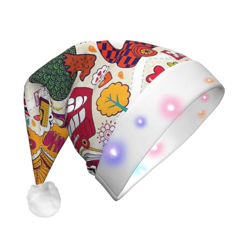 DUWAA Sombrero de Navidad iluminado con periódico escolar en inglés, gorro de Papá Noel iluminado con tira de luz LED colorida para adultos