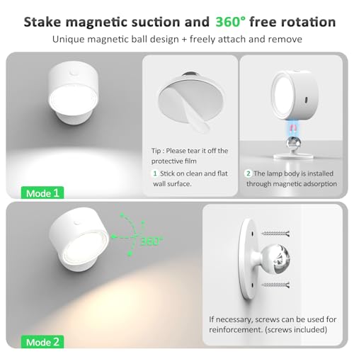 Image of Racokky LED Wall Lights 2 Pcs with Remote, Wall Sconces Lamp 3000mAh Rechargeable Battery Operated, 3 Color Temperatures & Dimmable Magnetic 360 Rotation Cordless Light for Bedroom Reading(White)