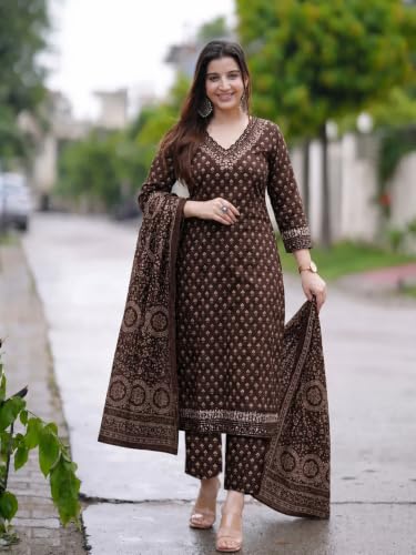 Image of GoSriKi Viscose Printed Kurta With Pant And Dupatta for Women | Straight Kurti Set for Woman | 3 /4 Sleeve V-Neck Stylish Kurta Pant Dupatta Ethnic Outfit Party Wedding