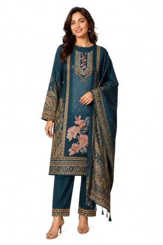 Image of WOOL'S KART|Women's Floral Printed Straight Kurta with Trousers & Dupatta Set | 3-Piece Ethnic Suit Set 103