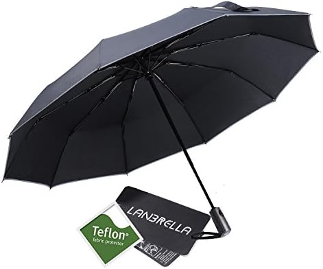 LANBRELLA Reflective Automatic Rain Umbrella,Dupont Teflon Travel Umbrella,10 Fiberglass Rib 210T Canopy Black