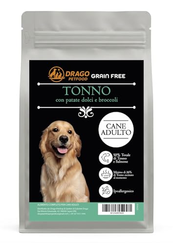 DRAGO PETFOOD Pienso para perro adulto – Atún y salmón con brócoli – Grain Free, hipoalergénico, 50% atún y salmón – Saco de 2 kg