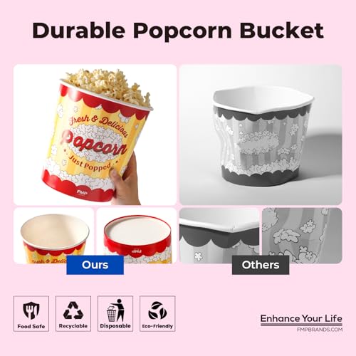 Image of Fit Meal Prep 150 Pack Large Popcorn Buckets Disposable, 130 Oz Yellow and Red Paper Popcorn Containers Tubs for Home and Theater Movie Night