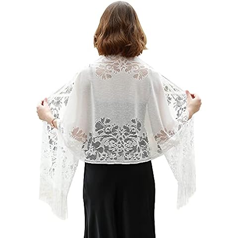 RIIQIICHY Women's Floral Lace Mesh Party Prom Wedding Shawl Scarf with Fringe Cover