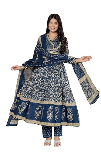 Image of Pistaa's Women's Pure Cotton Anarkali Floral Printed Hand Work Kurta with Pant & Dupatta Set