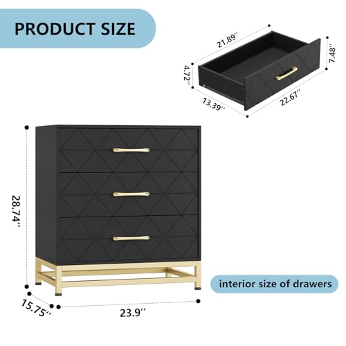 GarveeHome Wooden Dresser for Bedroom, Dressers & Chest of Drawers with 3 Drawer, Wood nightstand for Storage and Organization (Black)