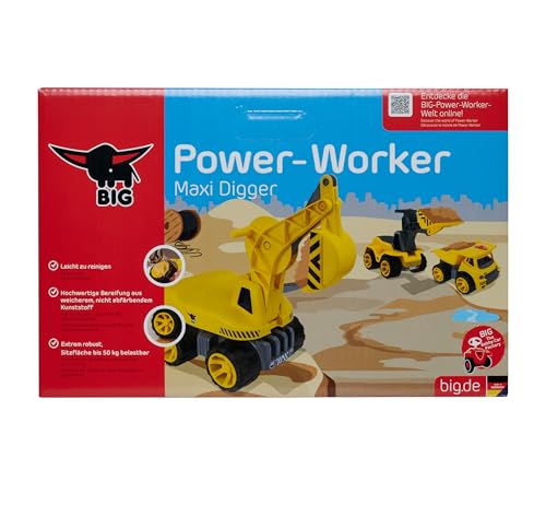 BIG - Power-Worker Maxi-Digger - Kinderfahrzeug, geeignet als Sandspielzeug und für das Kinderzimmer, Baggerfahrzeug zum Sitzen bis 50 kg, für Kinder ab 3 Jahren, Gelb