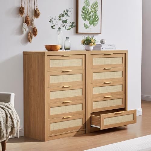 OAKHAM HOME 5 Drawer Dresser, Rattan Dresser for Bedroom with 5 Storage Drawers, Tall Dresser Chest of Drawers for Closet Bedside, Living Room Hallway,Weathered Oak
