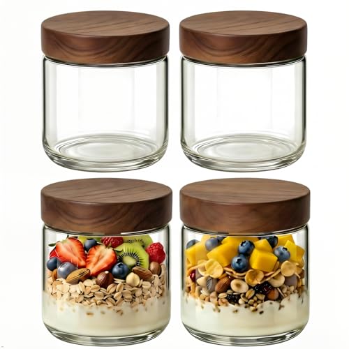 Image of 8oz 4 Pack Glass Mason Jars Overnight Oats Containers with Acacia Wood Lid | Airtight Small Glass Containers with Screw on Top Wide Mouth Food Storage Jar for Canning, Breakfast, Jam, Fruit and Dressing